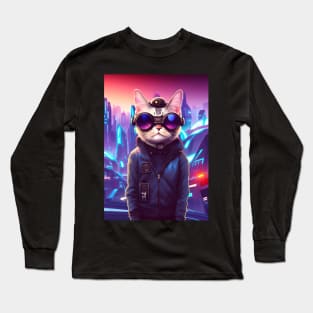 Cool Japanese Techno Cat In Future World Japan Neon City Long Sleeve T-Shirt